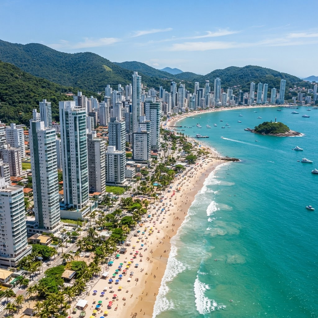 Vista aérea de uma cidade litorânea com prédios e praia